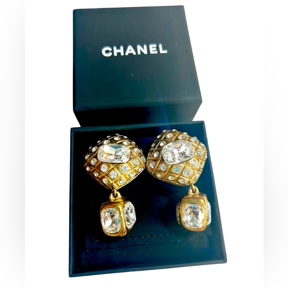 Chanel Gold Plated Clip on Dangle Rhinestone Earrings 1984 Authenticated COA